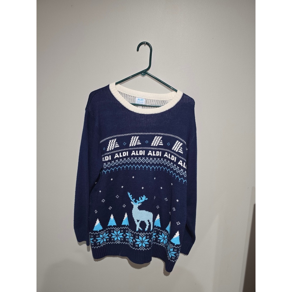 Aldi Gear Mens Holiday Sweater Navy Blue Reindeer Fair Isle Logo Large L